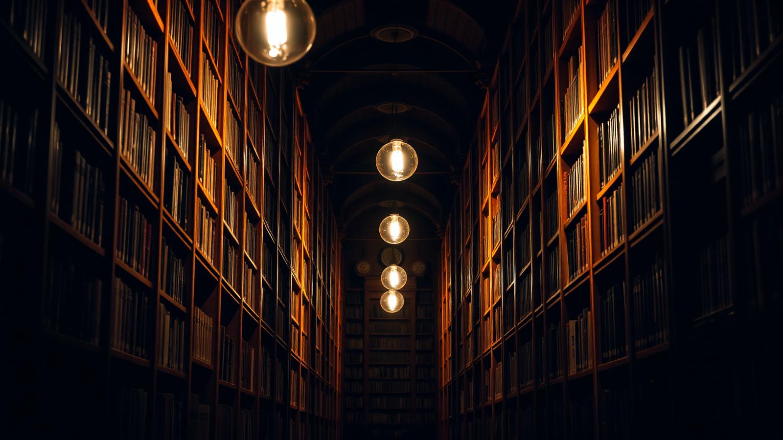 Warmly lit library aisle lined with books