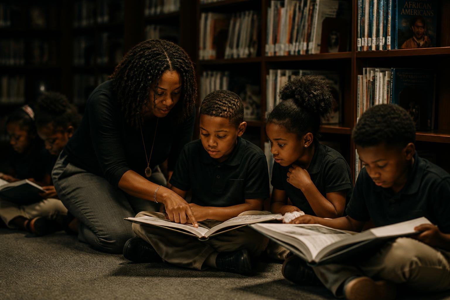 An educator reading a Leaders Publications edition with elementary school children in a school library